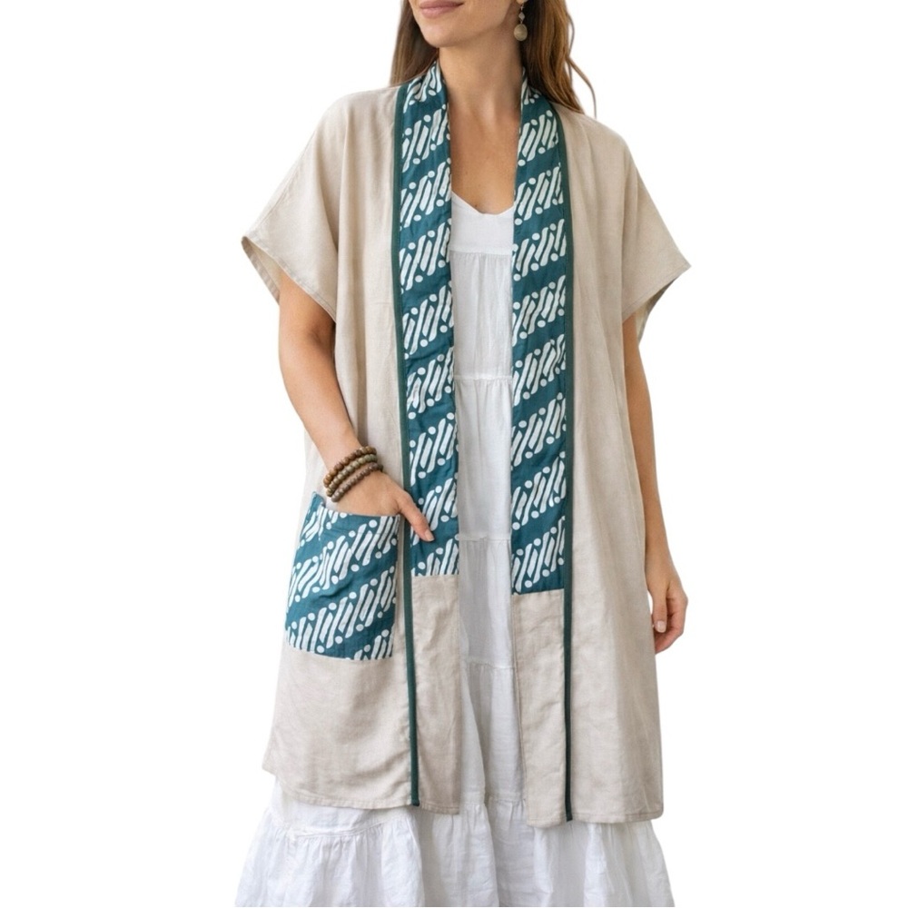Linen Blend Open Front Kimono Jacket Neutral and Teal Block Print Pocket Artisan